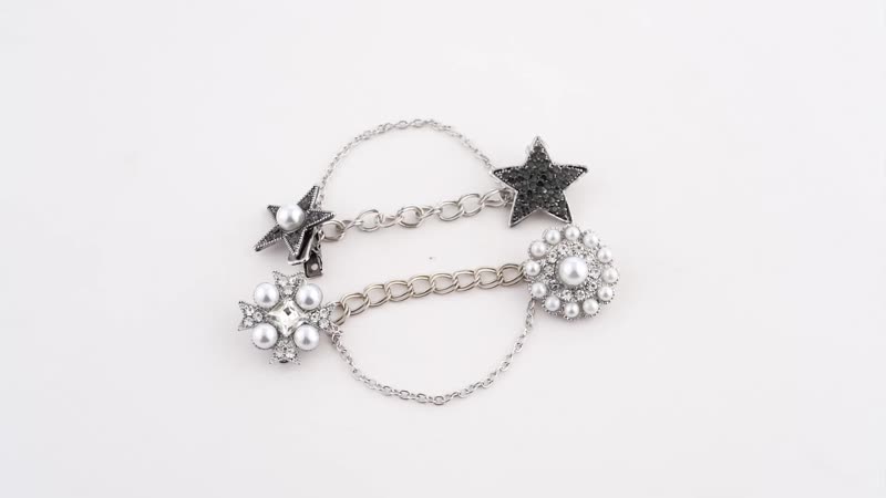 Set of 2 Gray and White Austrian Crystal and Simulated Pearl Celestial Theme & Victorian Era Shirt Ornament or Brooch in Silvertone