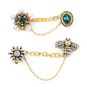 Set of 2 Multi Austrian Crystal, Simulated Pearl and Simulated Emerald Victorian Era & Its Grandeur Shirt Ornament or Brooch in Goldtone