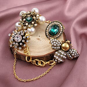 Set of 2 Multi Austrian Crystal, Simulated Pearl and Simulated Emerald Victorian Era & Its Grandeur Shirt Ornament or Brooch in Goldtone