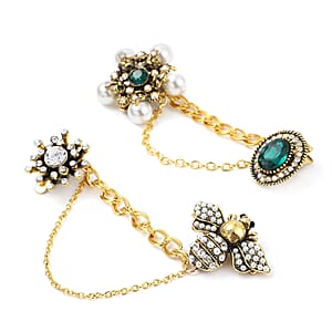 Set of 2 Multi Austrian Crystal, Simulated Pearl and Simulated Emerald Victorian Era & Its Grandeur Shirt Ornament or Brooch in Goldtone