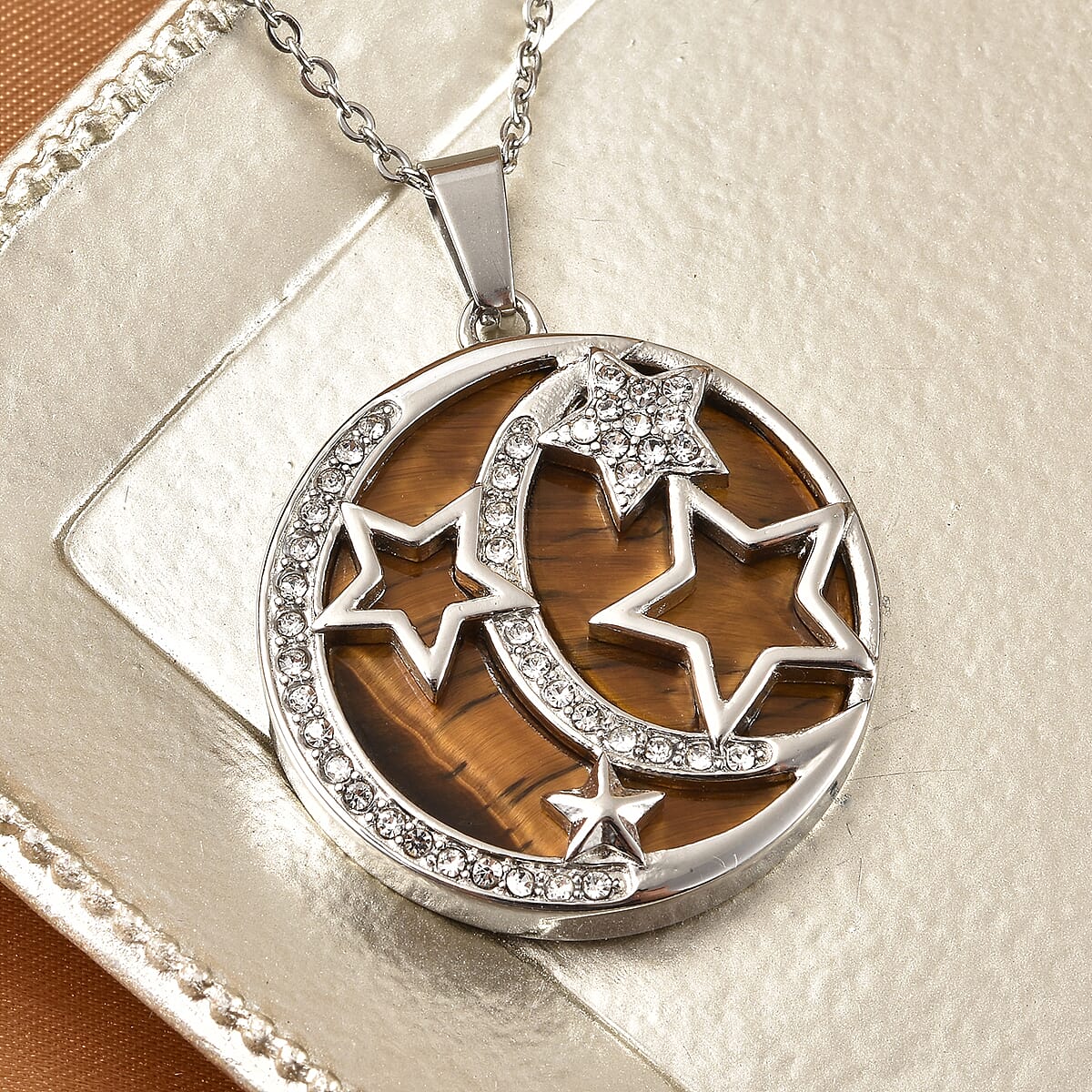 Yellow Tiger's Eye and Austrian Crystal Celestial Starry Night Theme Pendant Necklace 20 Inches in Stainless Steel 17.30 ctw image number 1