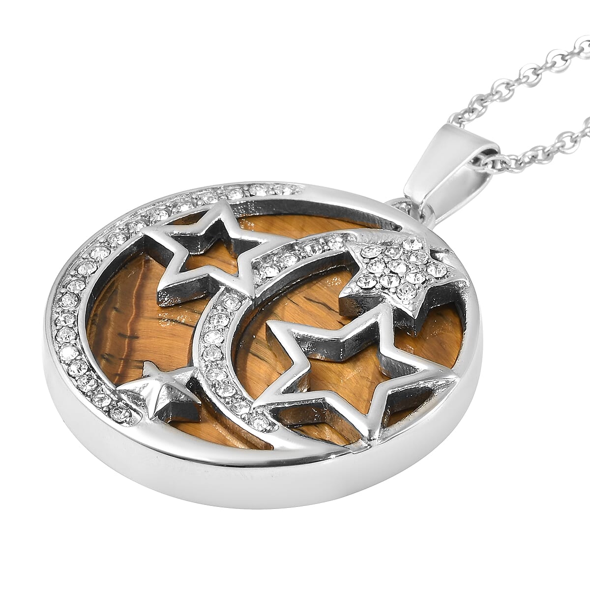Yellow Tiger's Eye and Austrian Crystal Celestial Starry Night Theme Pendant Necklace 20 Inches in Stainless Steel 17.30 ctw image number 3