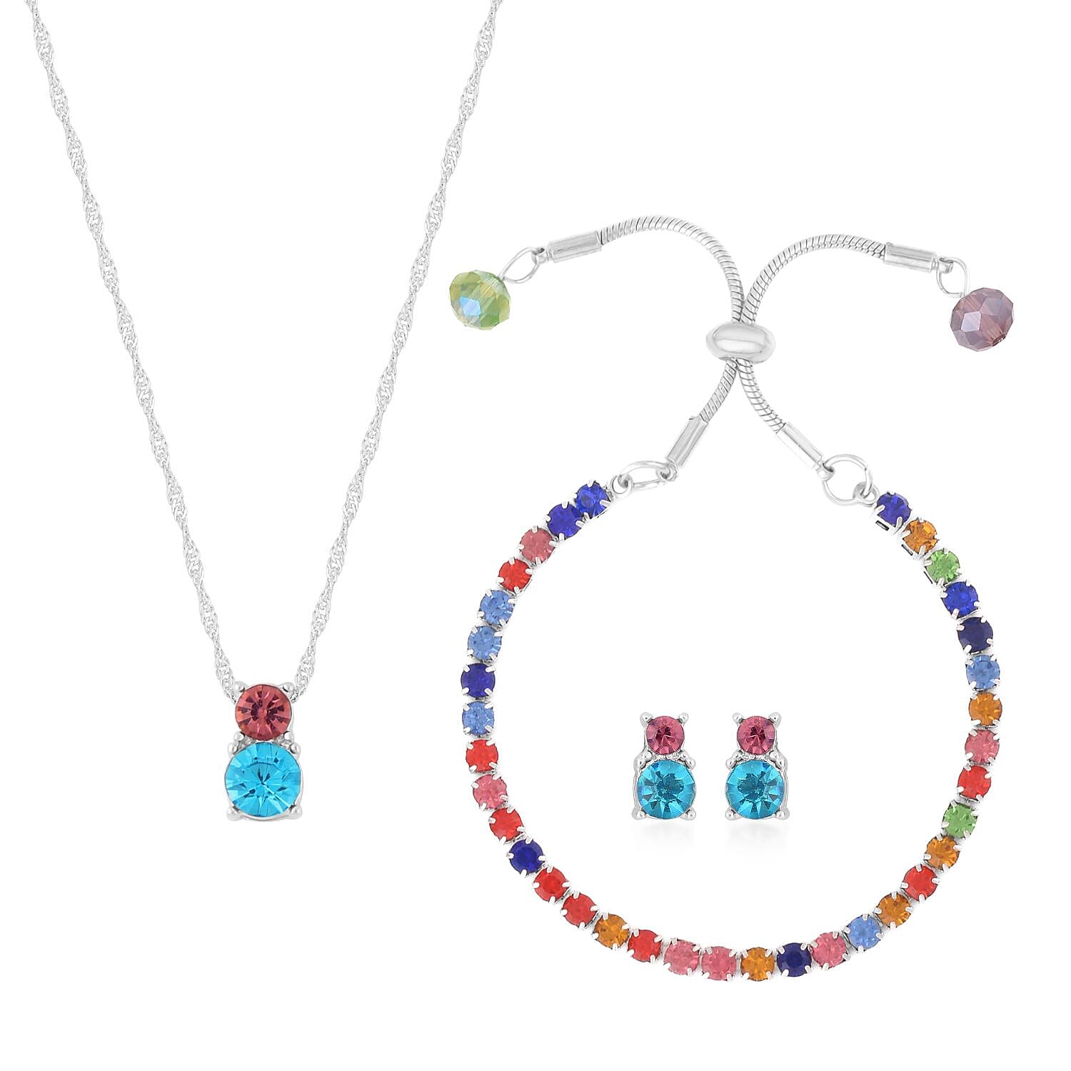 3 Piece Gift Set Multi Color Austrian Crystal and Glass Bracelet (6-9In), Stud Earrings and Pendant Necklace 20-22 Inches in Silvertone