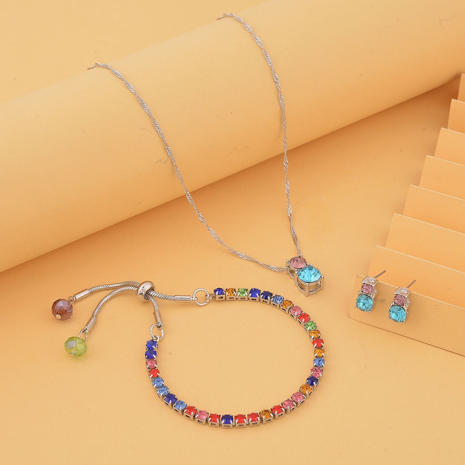 3 Piece Gift Set Multi Color Austrian Crystal and Glass Bracelet (6-9In), Stud Earrings and Pendant Necklace 20-22 Inches in Silvertone
