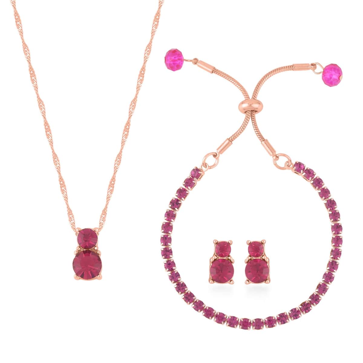 Fuchsia Austrian Crystal and Purple Glass Bracelet (6-9In), Stud Earrings and Pendant Necklace 20-22 Inches in Rosetone image number 0