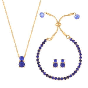Blue Austrian Crystal and Blue Glass Bracelet (6-9In), Stud Earrings and Pendant Necklace 20-22 Inches in Goldtone