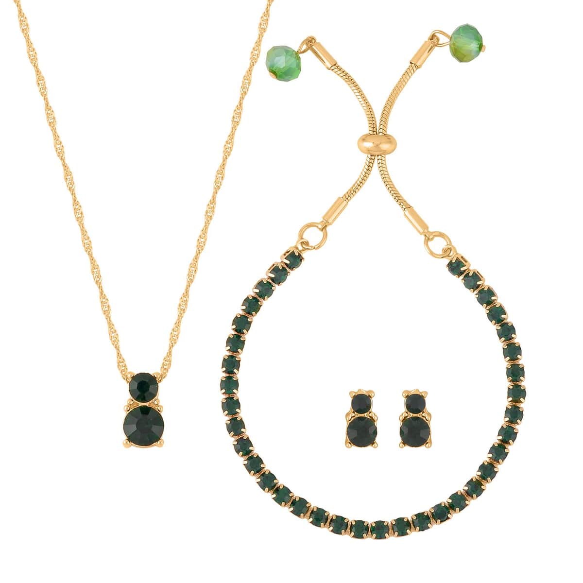 Green Austrian Crystal and Green Glass Bracelet (6-9In), Stud Earrings and Pendant Necklace 20-22 Inches in Goldtone image number 0