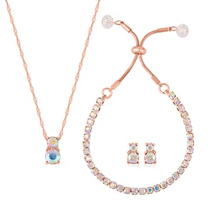 Aurora Borealis Austrian Crystal and Glass Bracelet (6-9In), Stud Earrings and Pendant Necklace 20-22 Inches in Rosetone
