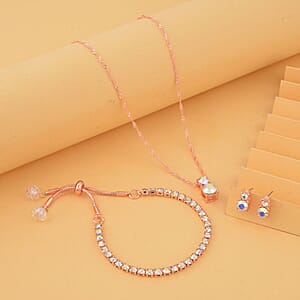 Aurora Borealis Austrian Crystal and Glass Bracelet (6-9In), Stud Earrings and Pendant Necklace 20-22 Inches in Rosetone