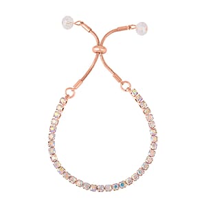 Aurora Borealis Austrian Crystal and Glass Bracelet (6-9In), Stud Earrings and Pendant Necklace 20-22 Inches in Rosetone