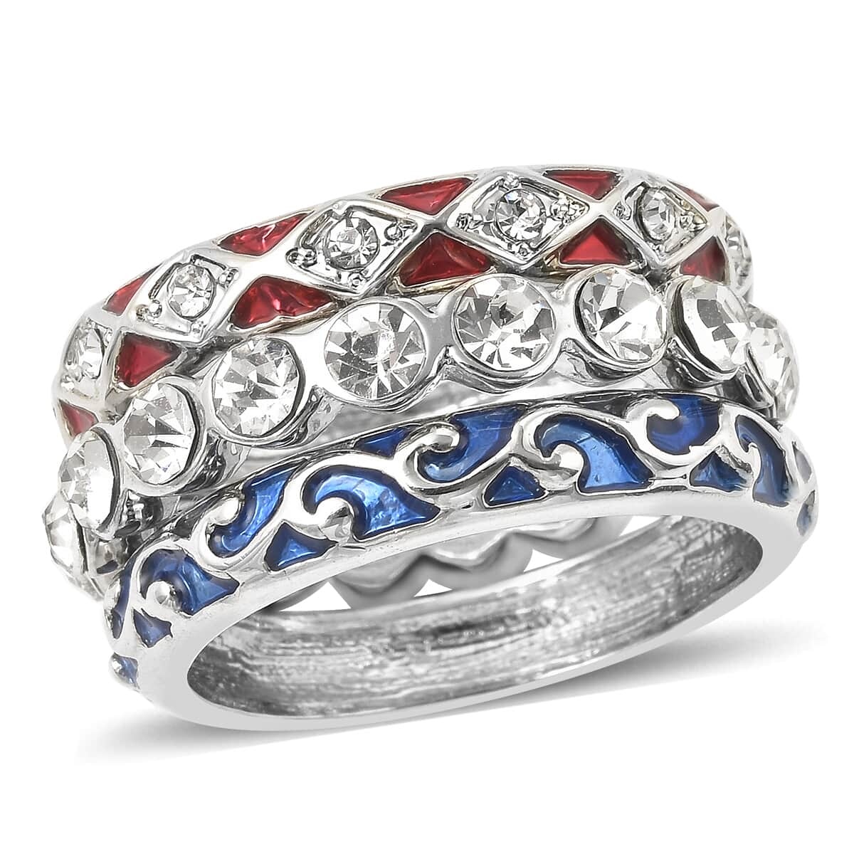 Set of 3 Austrian Crystal, Blue and Red Enameled Stackable Ring in Silvertone image number 0