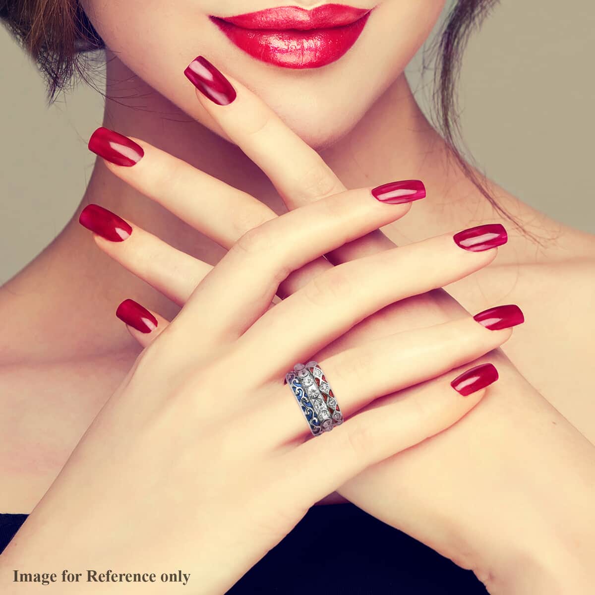 Set of 3 Austrian Crystal, Blue and Red Enameled Stackable Ring in Silvertone image number 2