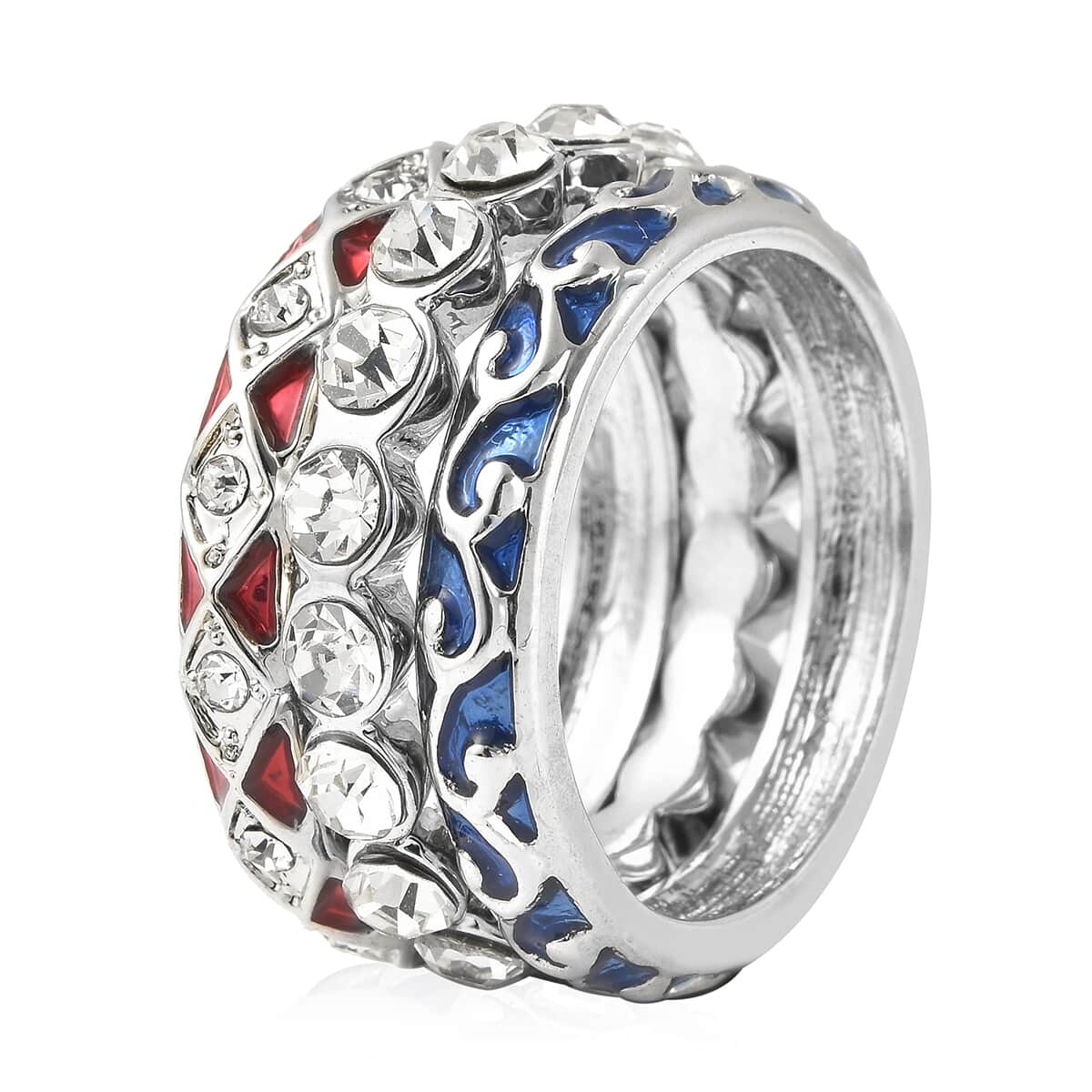 Set of 3 Austrian Crystal, Blue and Red Enameled Stackable Ring in Silvertone image number 3