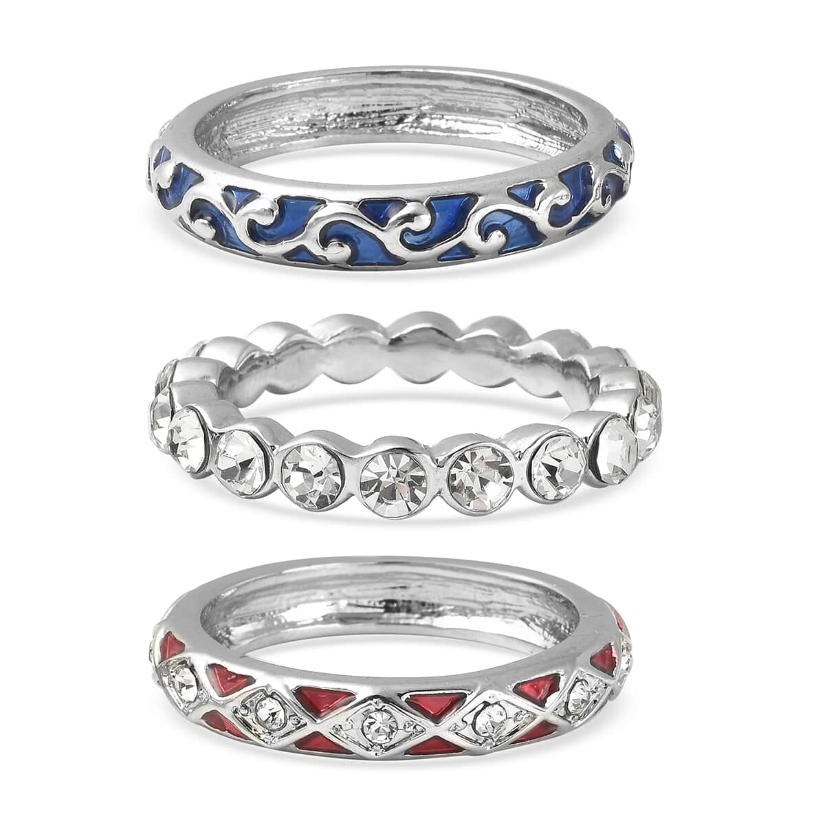 Set of 3 Austrian Crystal, Blue and Red Enameled Stackable Ring in Silvertone image number 4