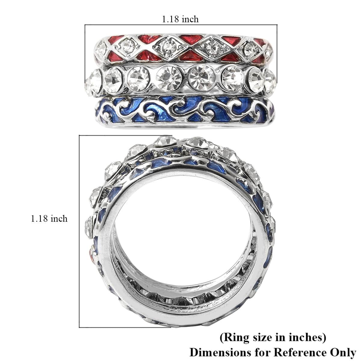 Set of 3 Austrian Crystal, Blue and Red Enameled Stackable Ring in Silvertone image number 5