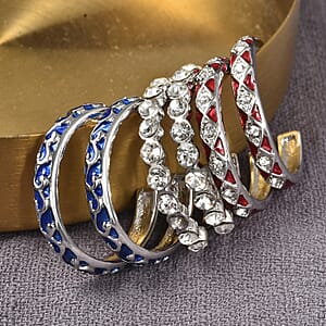 Set of 3 Austrian Crystal Criss Cross Earrings In Silvertone, Blue And Red Enameled Earrings, Hoop Earrings For Women