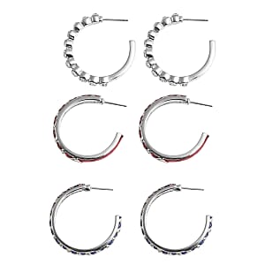 Set of 3 Austrian Crystal Criss Cross Earrings In Silvertone, Blue And Red Enameled Earrings, Hoop Earrings For Women