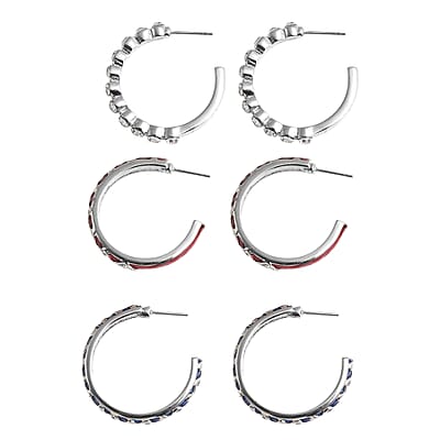 Set of 3 Austrian Crystal Criss Cross Earrings In Silvertone, Blue And Red Enameled Earrings, Hoop Earrings For Women