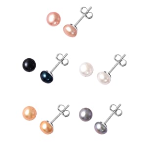 Set of 5 Multicolored Freshwater Cultured Pearl Stud Earrings in Stainless Steel