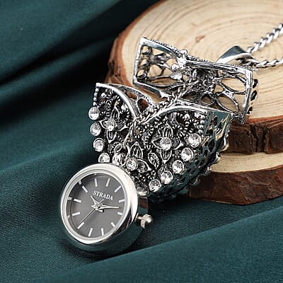 Strada Austrian Crystal Japanese Movement Openable Heart Pendant Watch with Silvertone Chain (29-31 Inches) 3.40 ctw