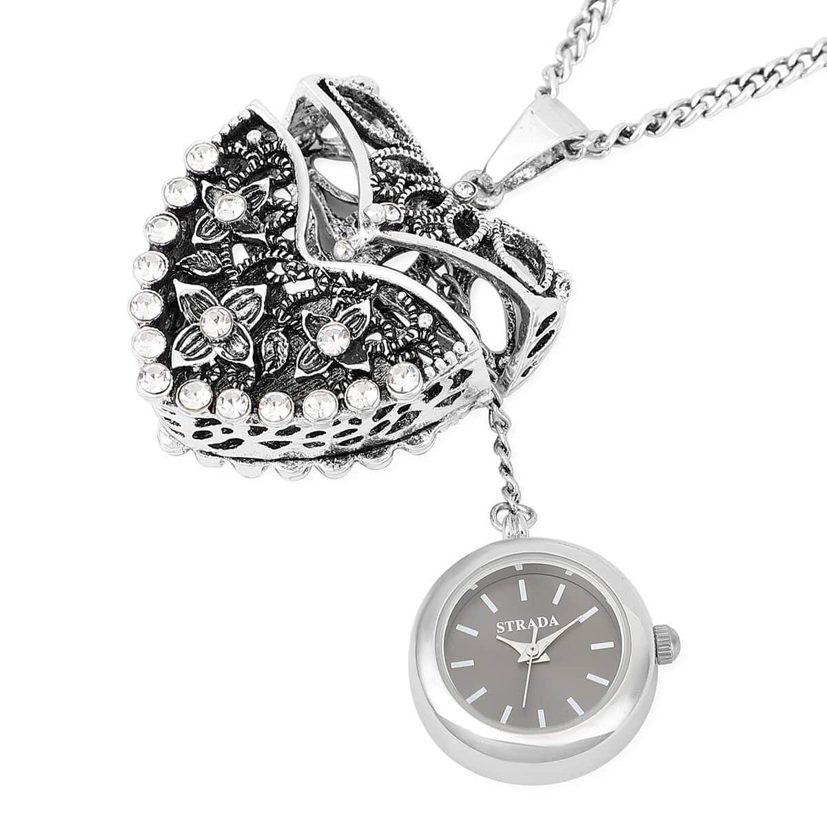 STRADA Austrian Crystal Japanese Movement Openable Heart Pendant Watch with Silvertone Chain (29-31 Inches) 3.40 ctw image number 2