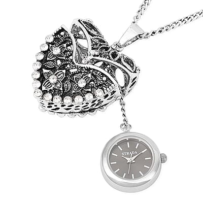 Strada Austrian Crystal Japanese Movement Openable Heart Pendant Watch with Silvertone Chain (29-31 Inches) 3.40 ctw