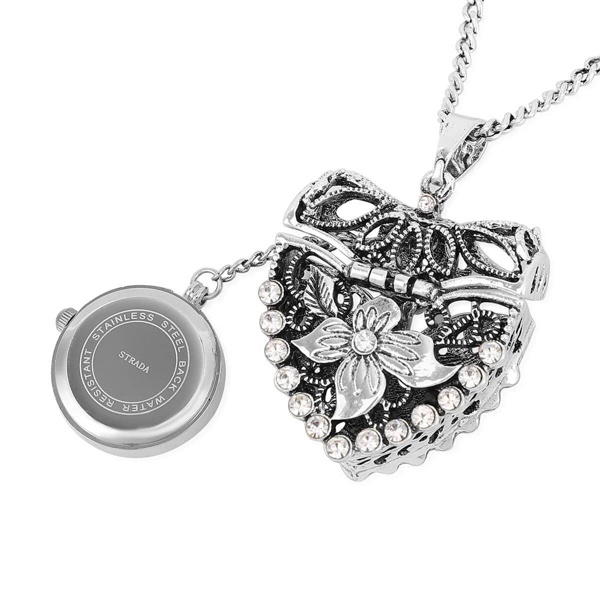 STRADA Austrian Crystal Japanese Movement Openable Heart Pendant Watch with Silvertone Chain (29-31 Inches) 3.40 ctw image number 3