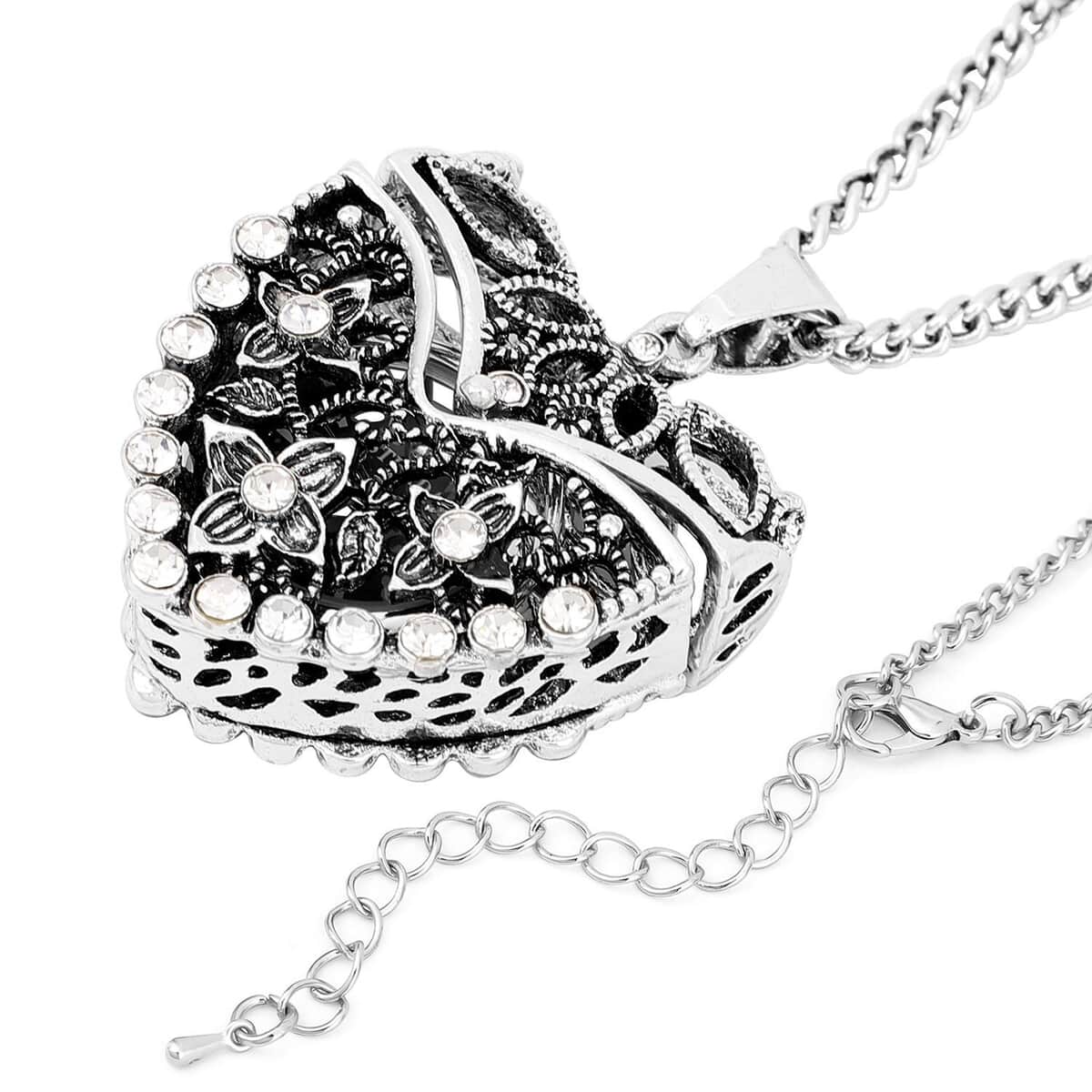 STRADA Austrian Crystal Japanese Movement Openable Heart Pendant Watch with Silvertone Chain (29-31 Inches) 3.40 ctw image number 4