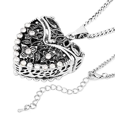 Strada Austrian Crystal Japanese Movement Openable Heart Pendant Watch with Silvertone Chain (29-31 Inches) 3.40 ctw