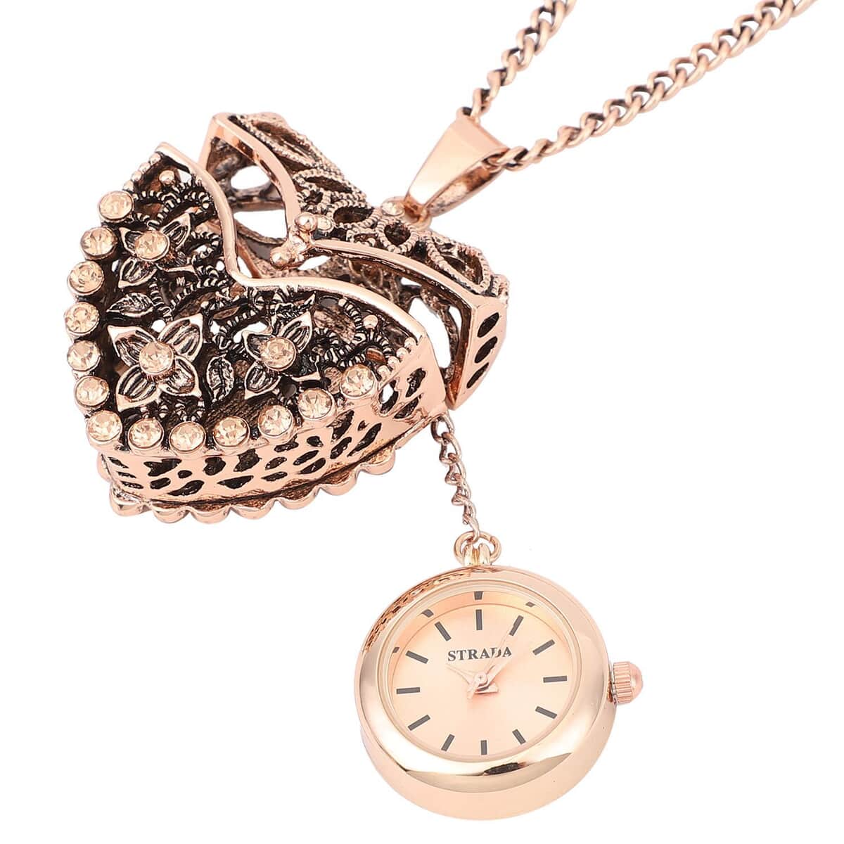 Strada Austrian Crystal Japanese Movement Openable Heart Pendant Watch with Goldtone Chain (29-31 Inches) 3.40 ctw image number 2