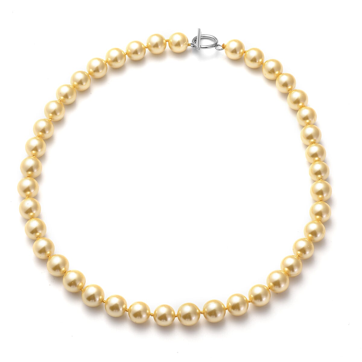 Golden Puka Shell Pearl Beaded Stretch Bracelet and Earrings and Necklace 20 Inches in Stainless Steel image number 1