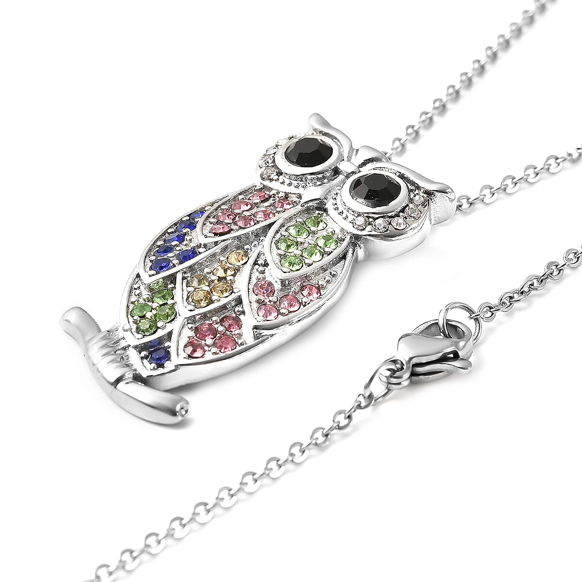 Multi Color Austrian Crystal Rainbow Owl Pendant Necklace 20 Inches in Stainless Steel image number 3