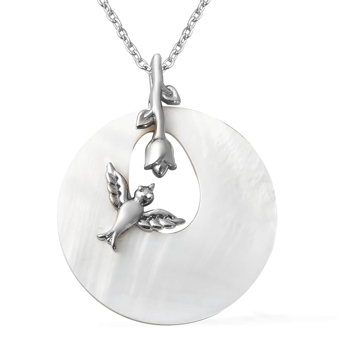 White Mother of Pearl Flora & Fauna Theme Pendant Necklace 20 Inches in Stainless Steel image number 0