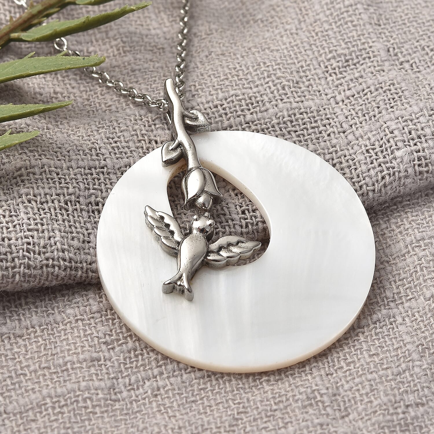 White Mother of Pearl Flora & Fauna Theme Pendant Necklace 20 Inches in Stainless Steel