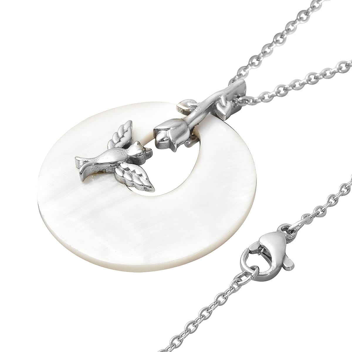 White Mother of Pearl Flora & Fauna Theme Pendant Necklace 20 Inches in Stainless Steel