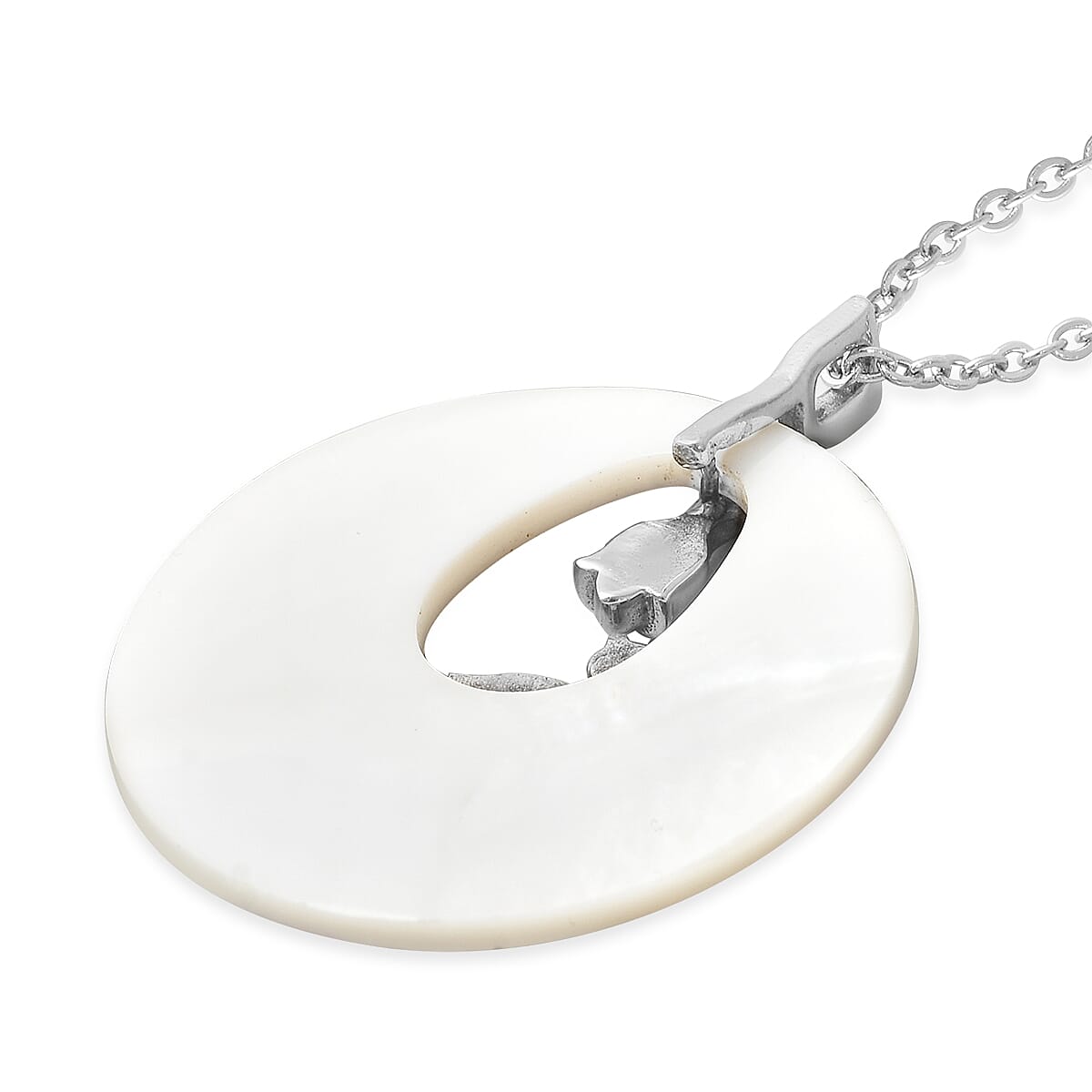 White Mother of Pearl Flora & Fauna Theme Pendant Necklace 20 Inches in Stainless Steel