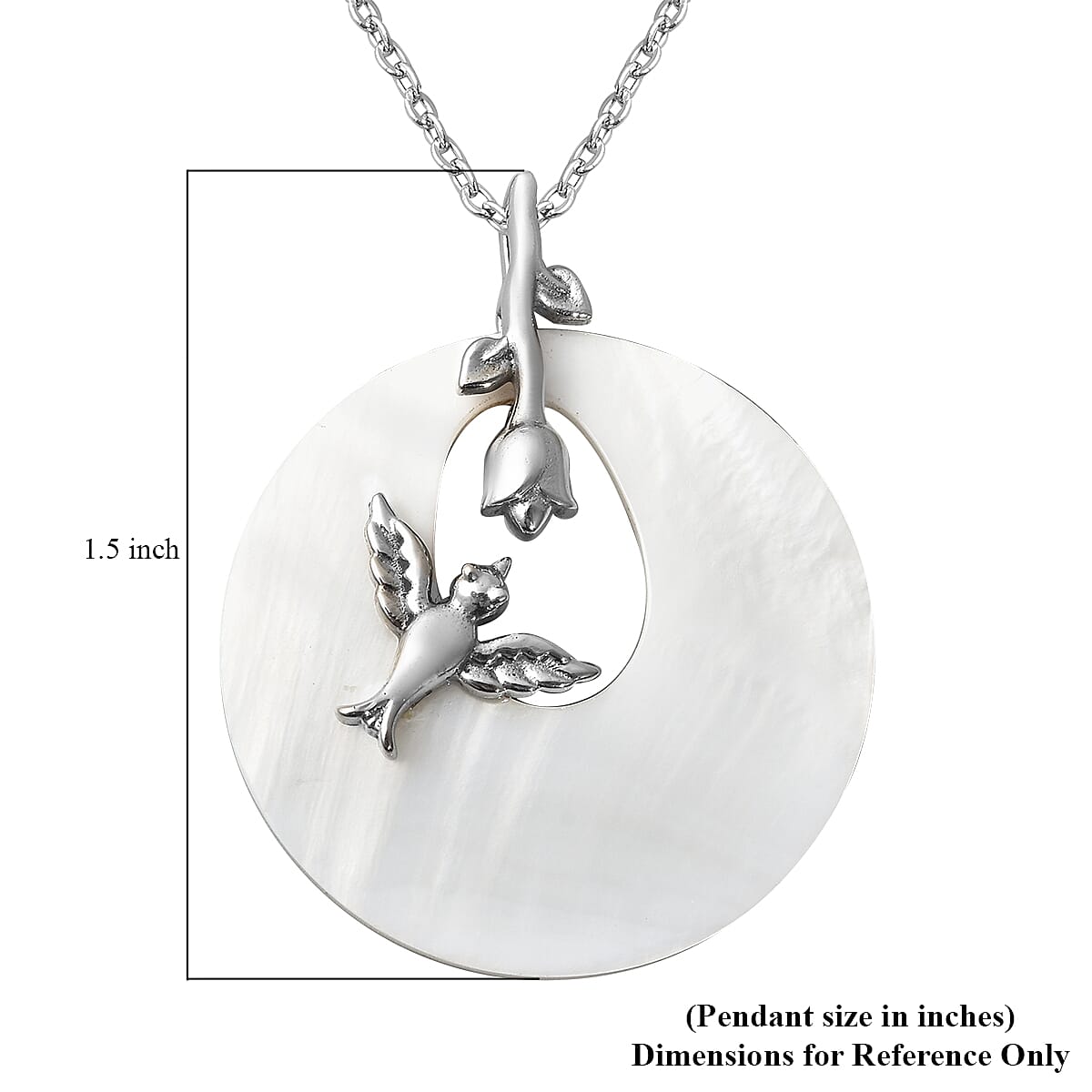 White Mother of Pearl Flora & Fauna Theme Pendant Necklace 20 Inches in Stainless Steel