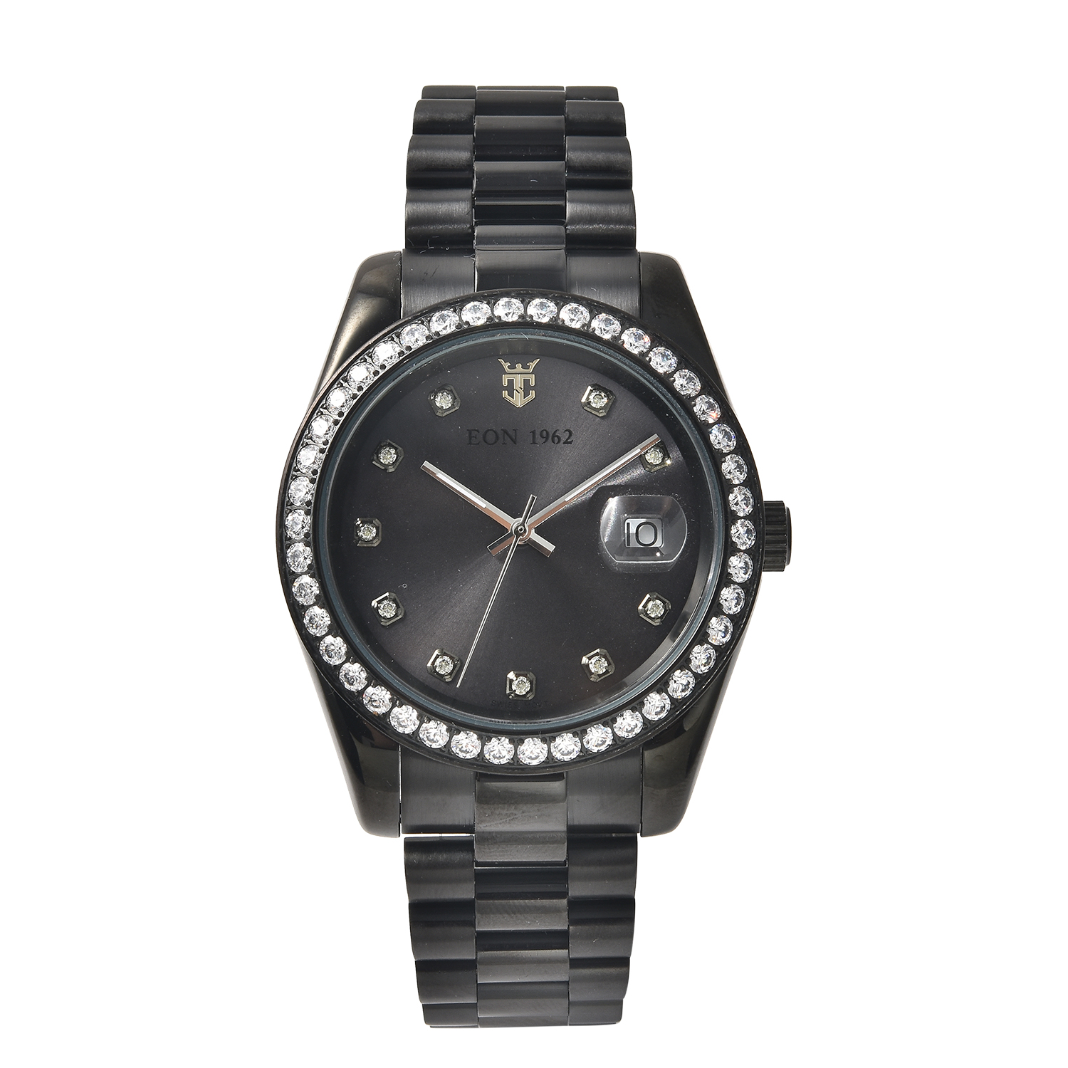 Eon 1962 Swiss Movement Made with Finest CZ Watch in ION Plated Black Stainless Steel, Ear Fork and Screwdriver (41 mm)