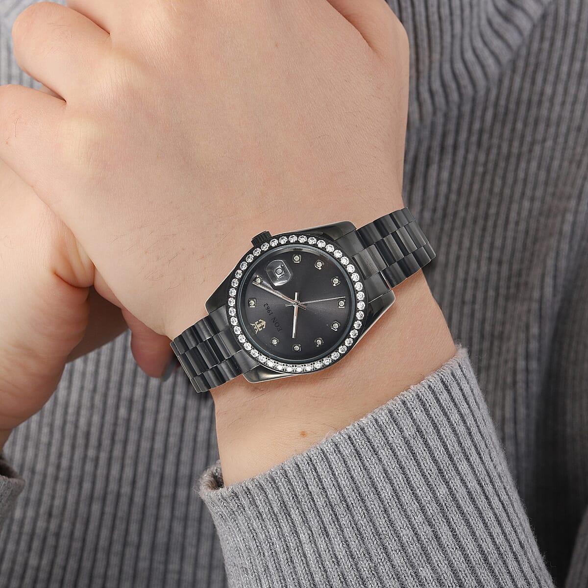 EON 1962 Swiss Movement Made with Finest CZ Watch in ION Plated Black Stainless Steel, Ear Fork and Screwdriver (41 mm) image number 2