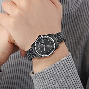 Eon 1962 Swiss Movement Made with Finest CZ Watch in ION Plated Black Stainless Steel, Ear Fork and Screwdriver (41 mm)