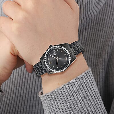 Eon 1962 Swiss Movement Made with Finest CZ Watch in ION Plated Black Stainless Steel, Ear Fork and Screwdriver (41 mm)
