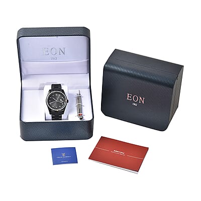 Eon 1962 Swiss Movement Made with Finest CZ Watch in ION Plated Black Stainless Steel, Ear Fork and Screwdriver (41 mm)