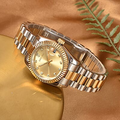 CHUCK CLEMENCY COLLECTION Eon 1962 Swiss Movement Made with Finest CZ Watch in ION Plated YG & Stainless Steel, Ear Fork and Screwdriver (41 mm)