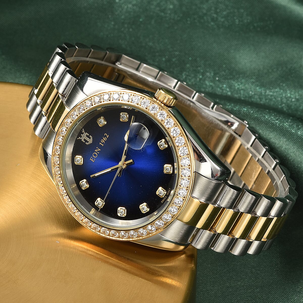 EON 1962 Made with Finest CZ Swiss Movement Blue Dial Watch in ION Plated YG and Stainless Steel with Ear Fork and Screwdriver image number 1