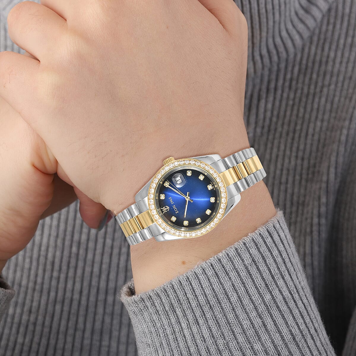 EON 1962 Made with Finest CZ Swiss Movement Blue Dial Watch in ION Plated YG and Stainless Steel with Ear Fork and Screwdriver image number 2