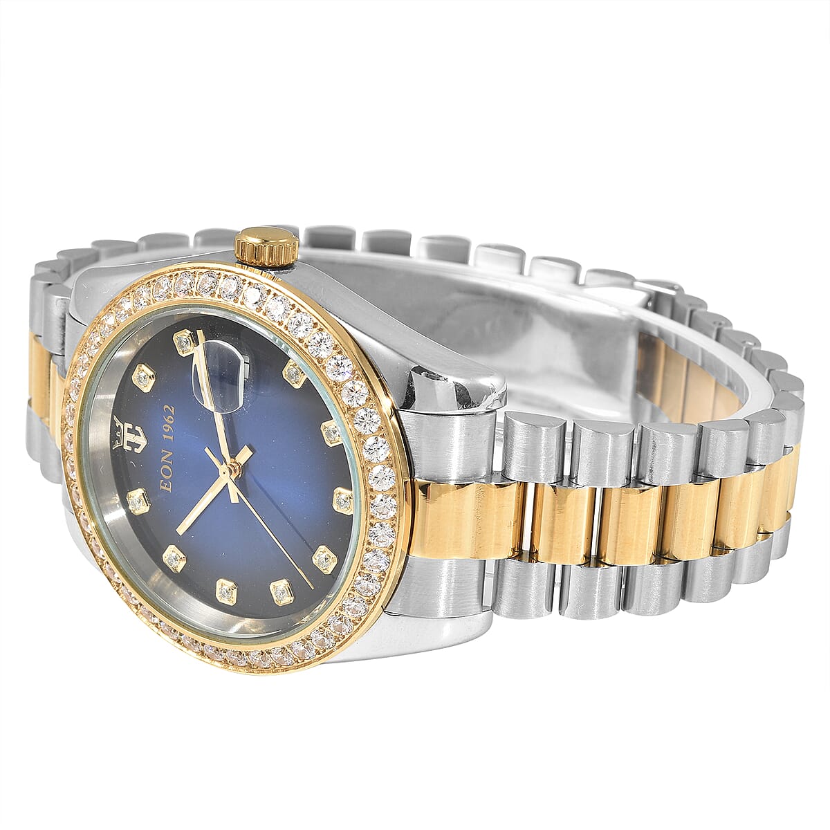 EON 1962 Made with Finest CZ Swiss Movement Blue Dial Watch in ION Plated YG and Stainless Steel with Ear Fork and Screwdriver image number 3