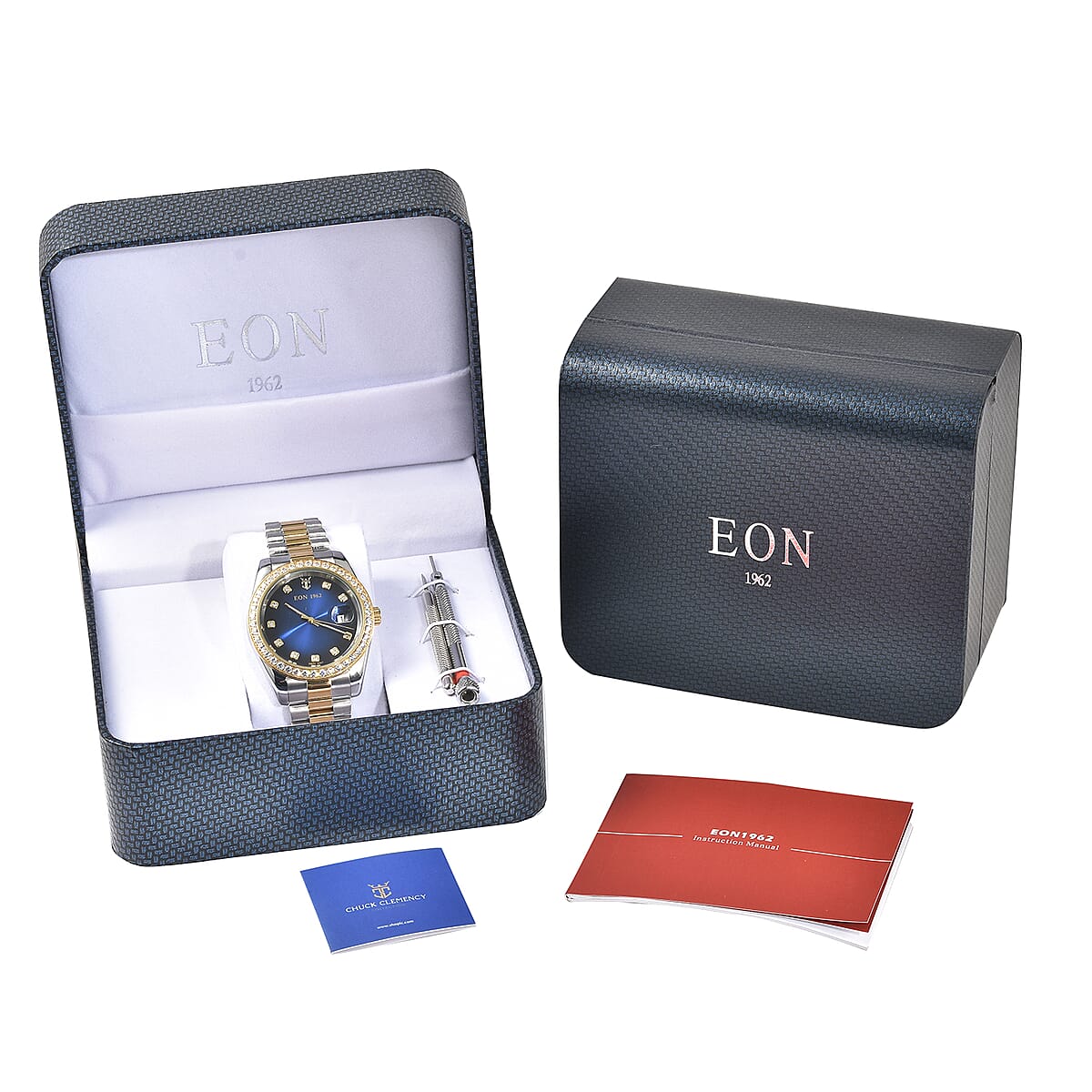 EON 1962 Made with Finest CZ Swiss Movement Blue Dial Watch in ION Plated YG and Stainless Steel with Ear Fork and Screwdriver image number 6