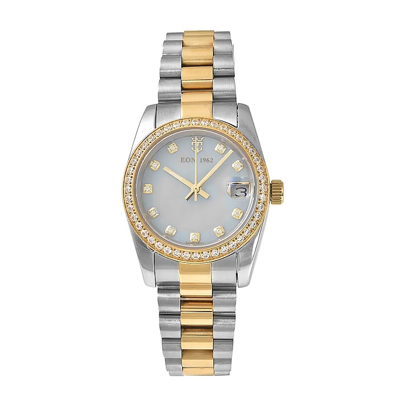 Eon 1962 Made with Finest CZ Swiss Movement MOP Dial Watch in ION Plated YG and Stainless Steel with Ear Fork and Screwdriver(31 mm) 1.85 ctw