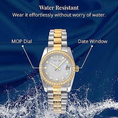 Eon 1962 Made with Finest CZ Swiss Movement MOP Dial Watch in ION Plated YG and Stainless Steel with Ear Fork and Screwdriver(31 mm) 1.85 ctw