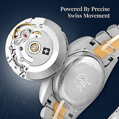 Eon 1962 Made with Finest CZ Swiss Movement MOP Dial Watch in ION Plated YG and Stainless Steel with Ear Fork and Screwdriver(31 mm) 1.85 ctw